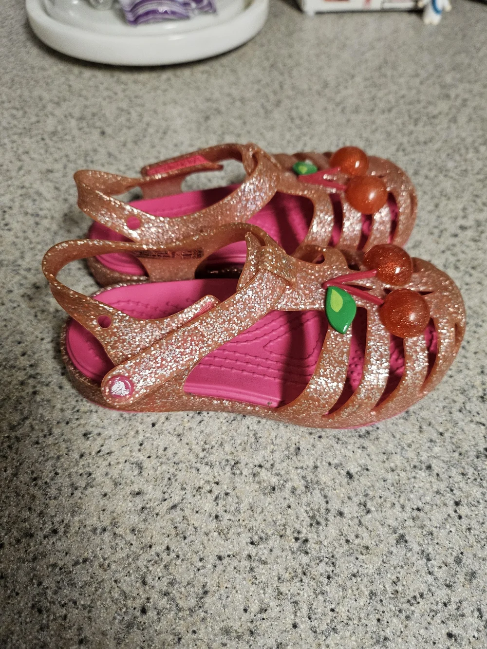CROCS Sparkle Rose Gold Pink Jelly Sandals with Cherry Charms